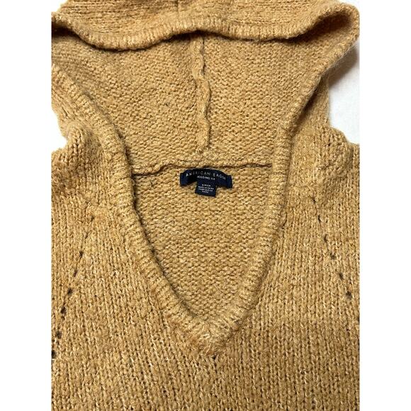 American Eagle Women’s Camel Knit Hoodie Sweater Small | Wool Blend V-Neck - Picture 2 of 5